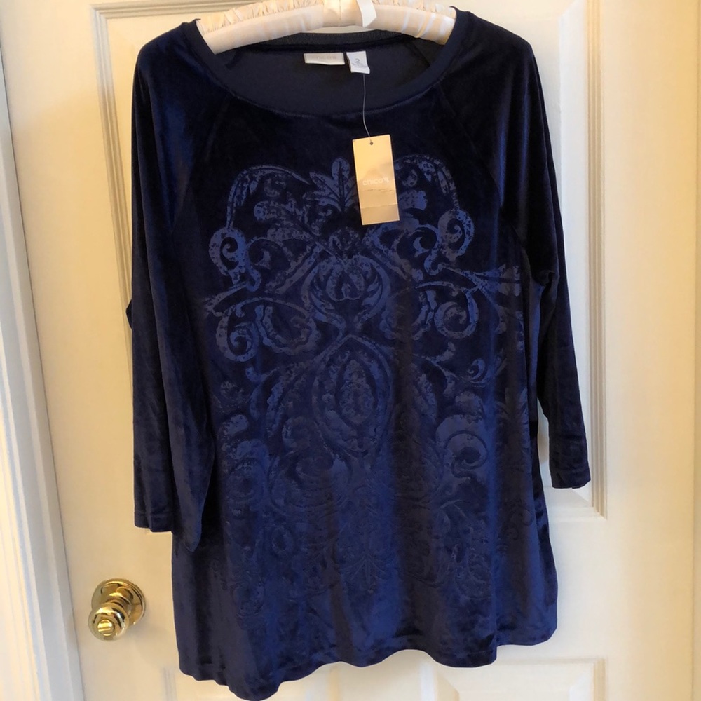 Chico’s Embossed Blue Velour Top Size 2 NEW w TAG